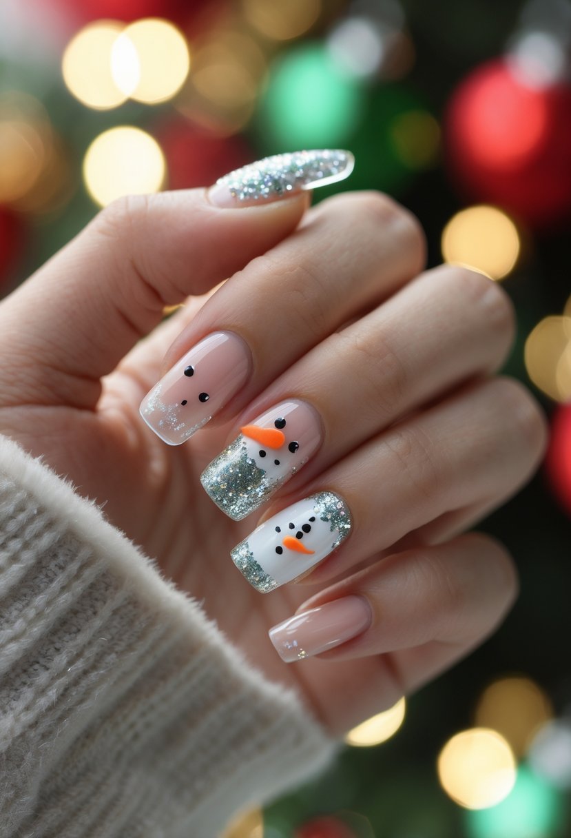 A hand with short clear nails, one nail decorated with a glittery snowman design, against a soft festive background.