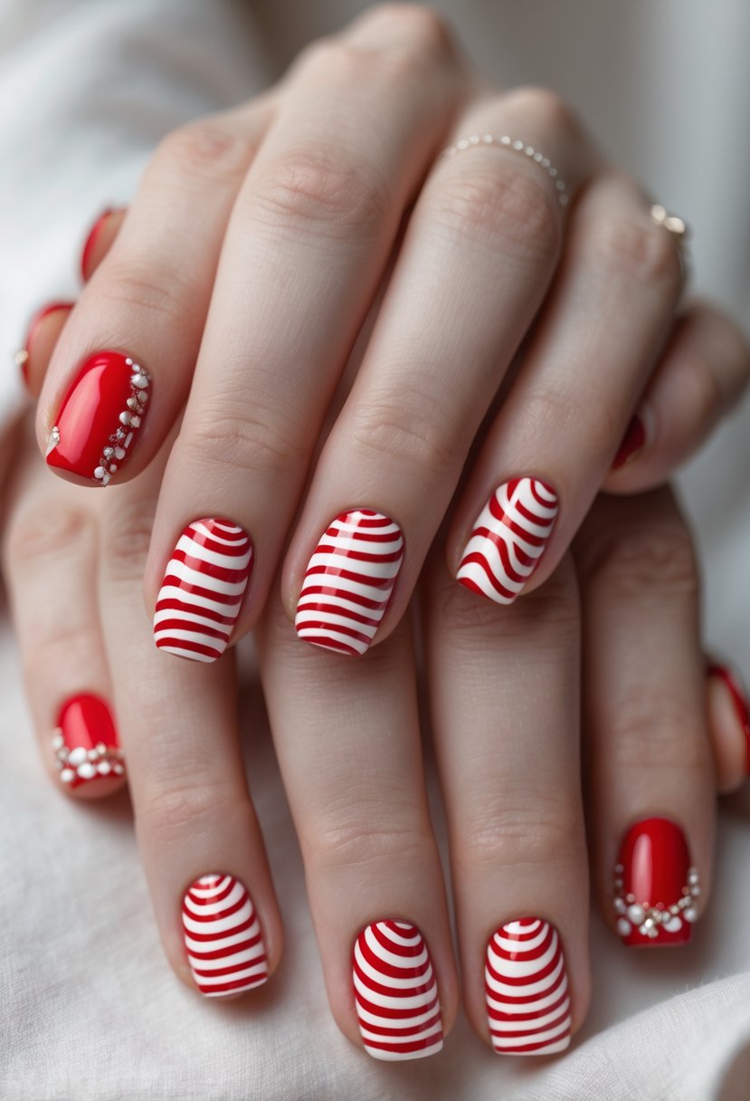 Close-up of hands with short nails painted in red and white spiral candy cane patterns.