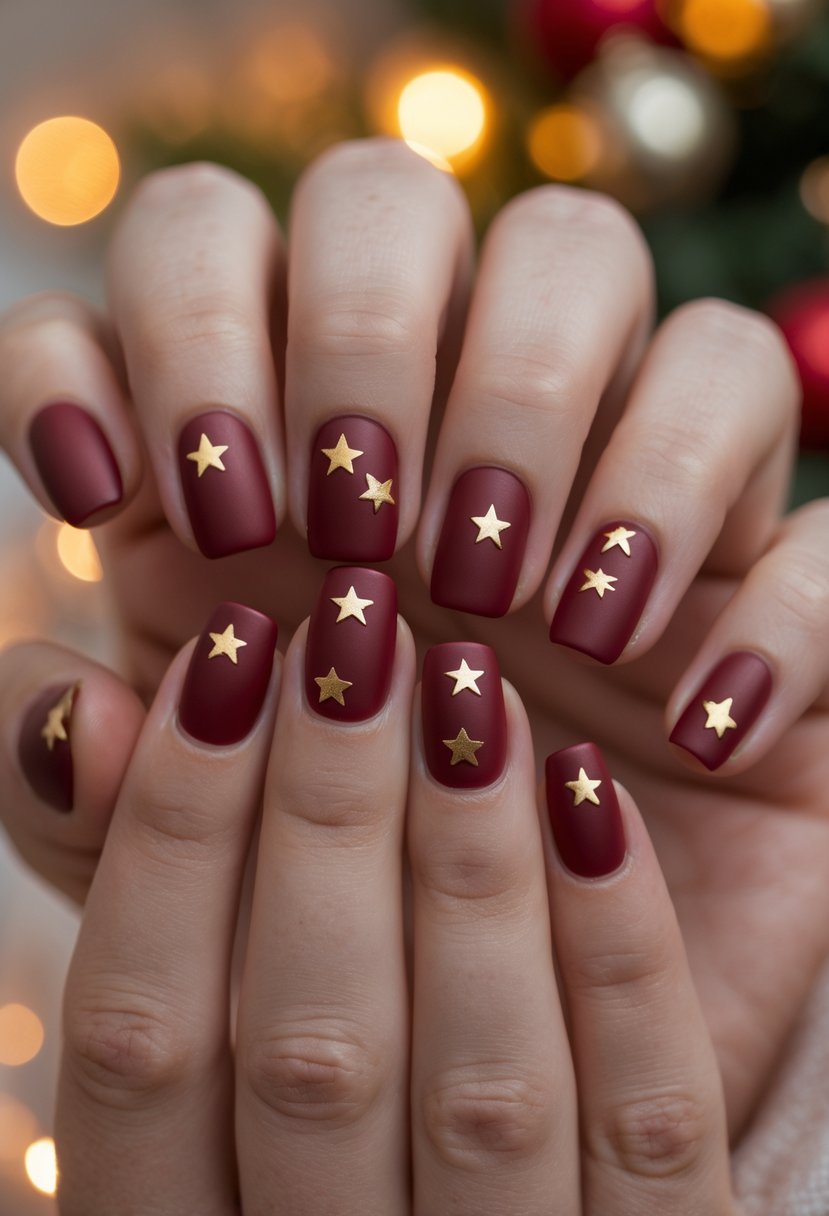 Close-up of hands with short red matte nails decorated with small gold star accents.