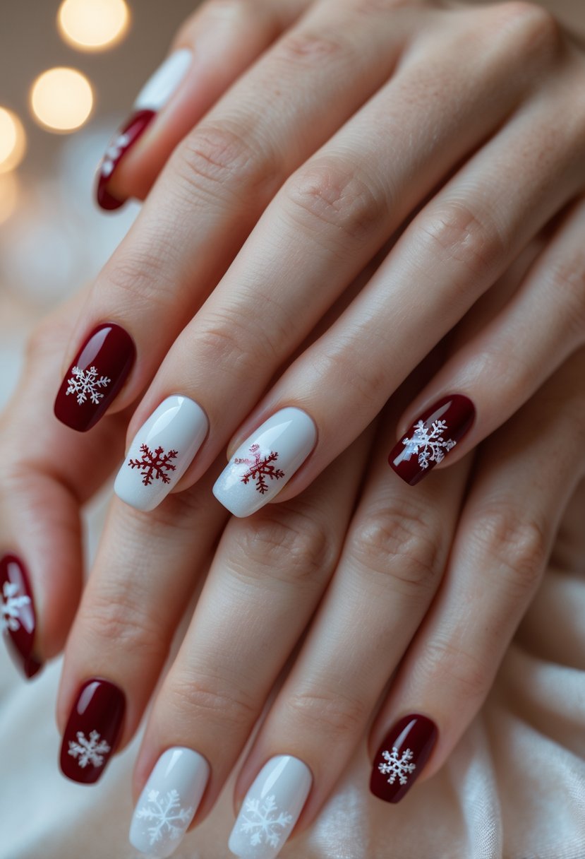 Close-up of hands with short nails decorated with small snowflake designs.