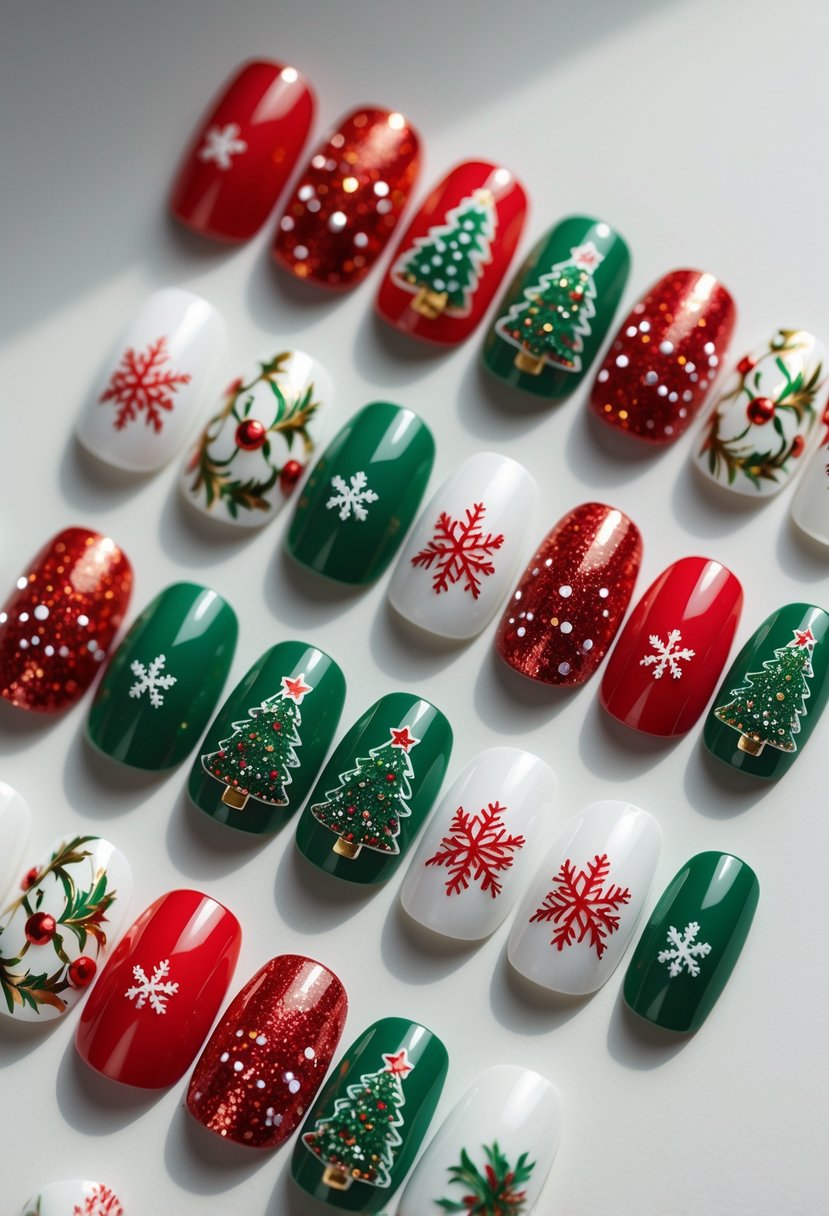 A set of 18 short Christmas-themed press-on nails with festive tree designs arranged on a neutral background.