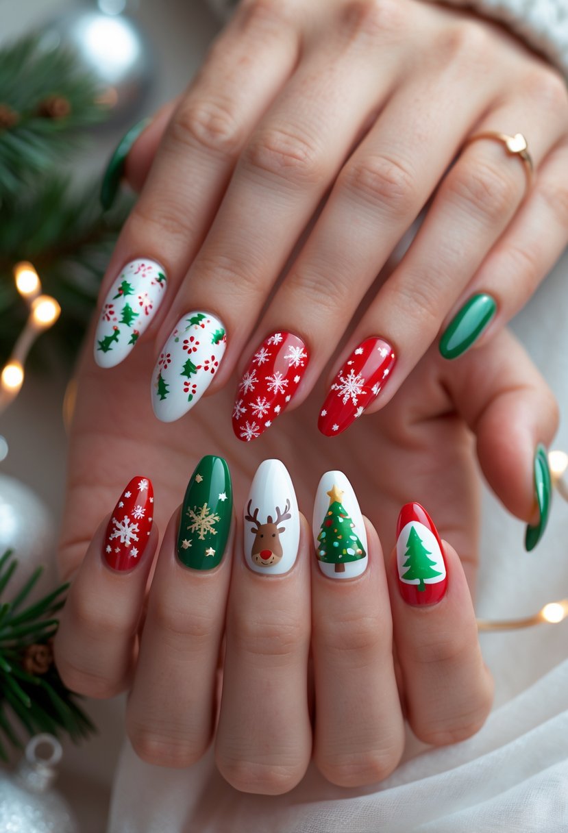 Close-up of hands showing seventeen different Christmas-themed nail designs with festive patterns and colors, arranged on a neutral background with holiday decorations.