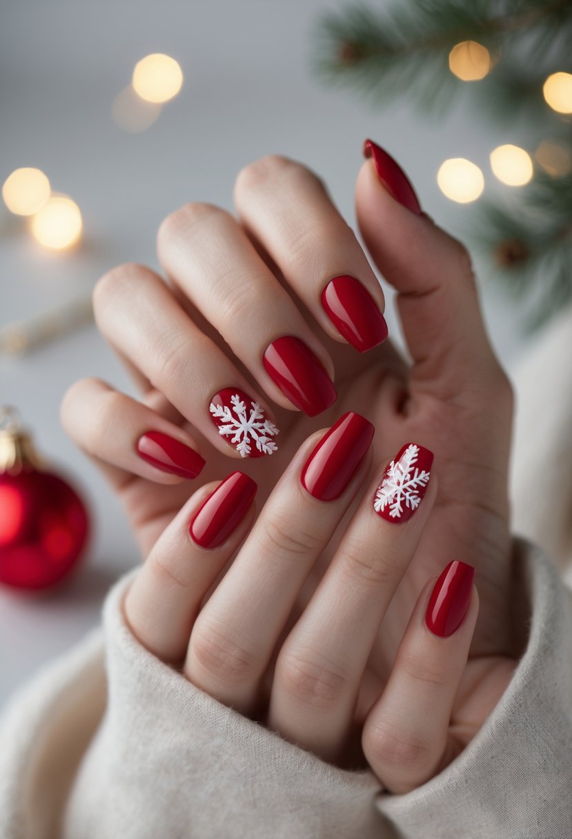 Close-up of hands with red nails decorated with white snowflake designs.