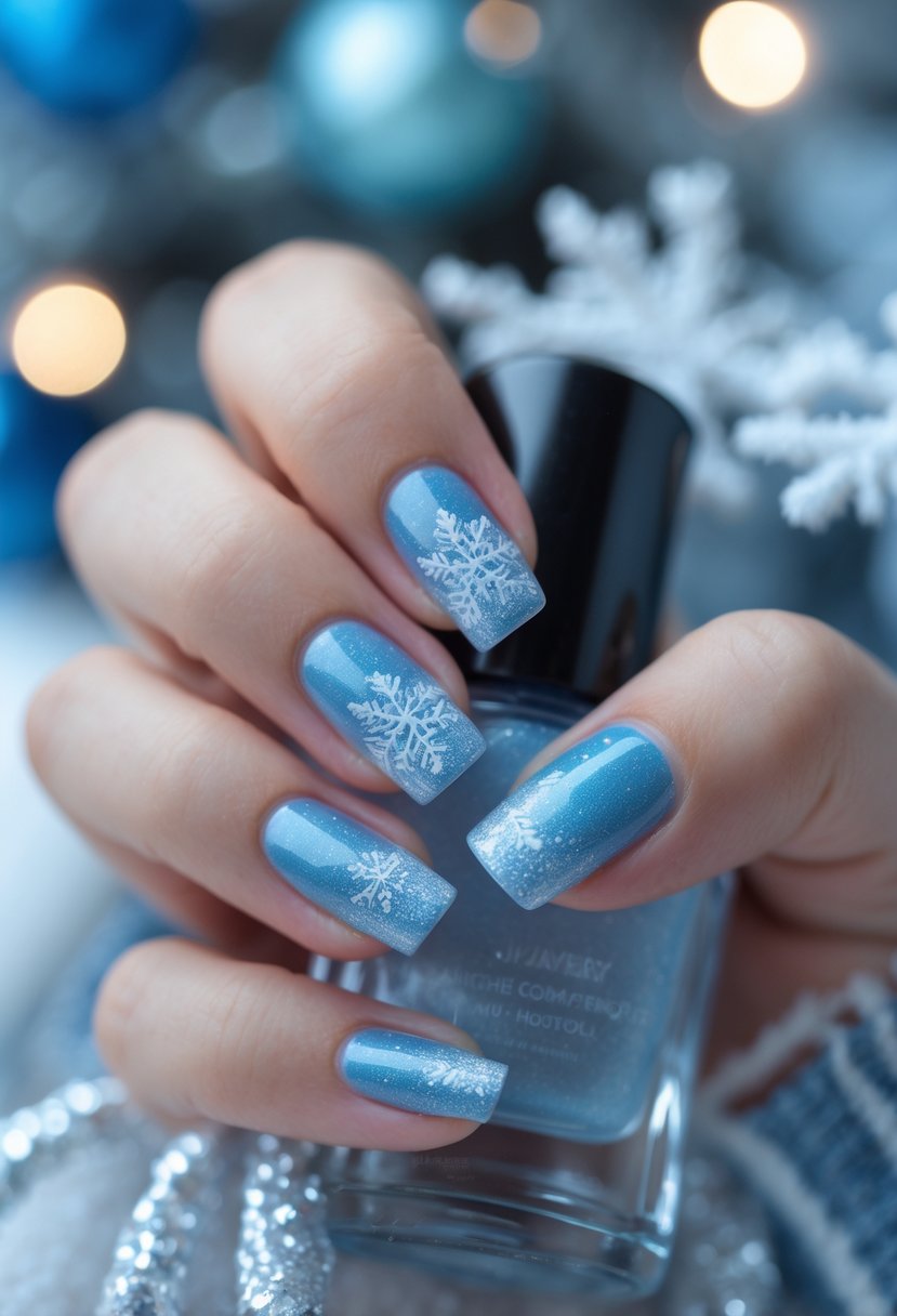Close-up of a hand with icy blue nails decorated with silver frost details.