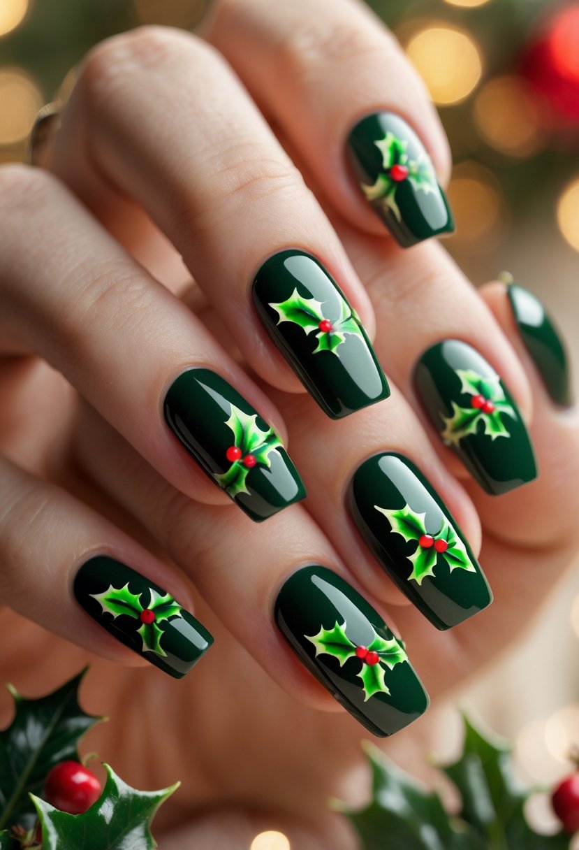 Close-up of hands with deep green nails decorated with small holly leaves and red berries.