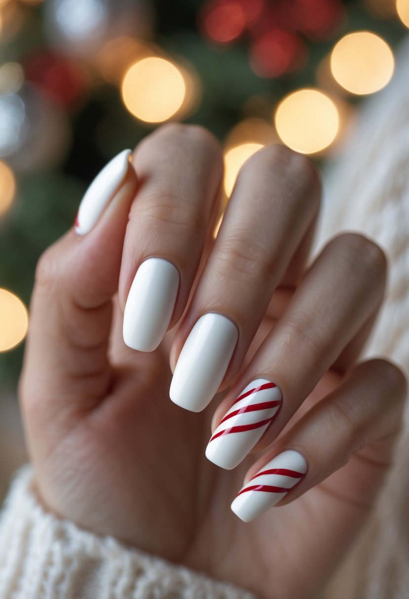 Close-up of a hand with matte white nails decorated with red candy cane stripes.