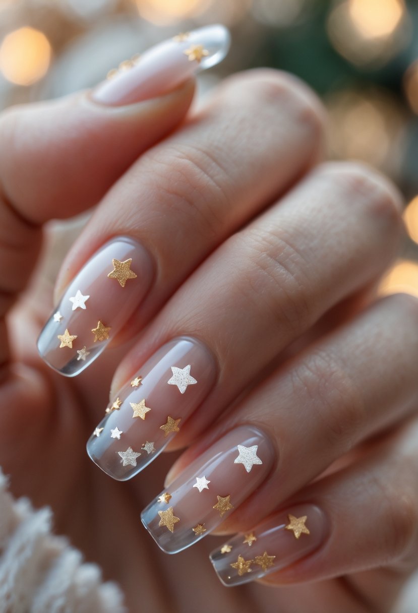 Close-up of a hand with clear nails decorated with tiny Christmas star shapes embedded in the polish.