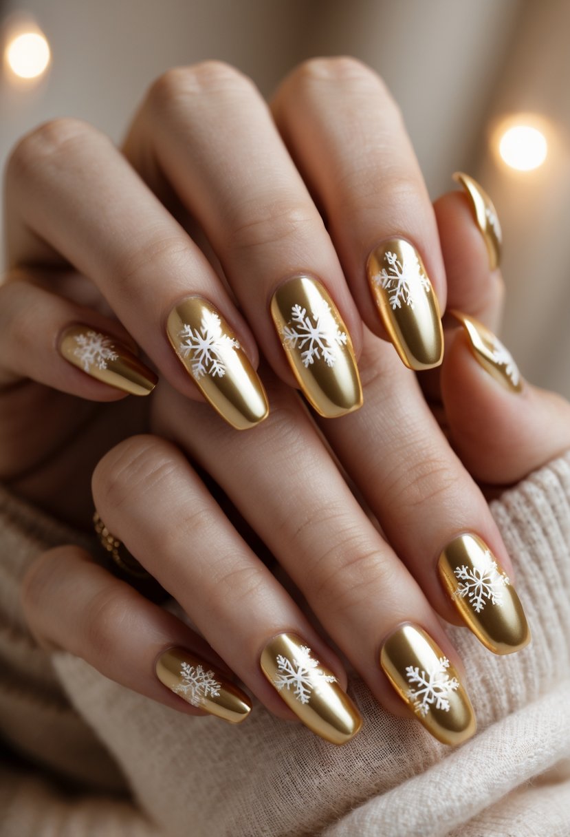 Close-up of hands with glossy gold nails decorated with small white snowflakes.