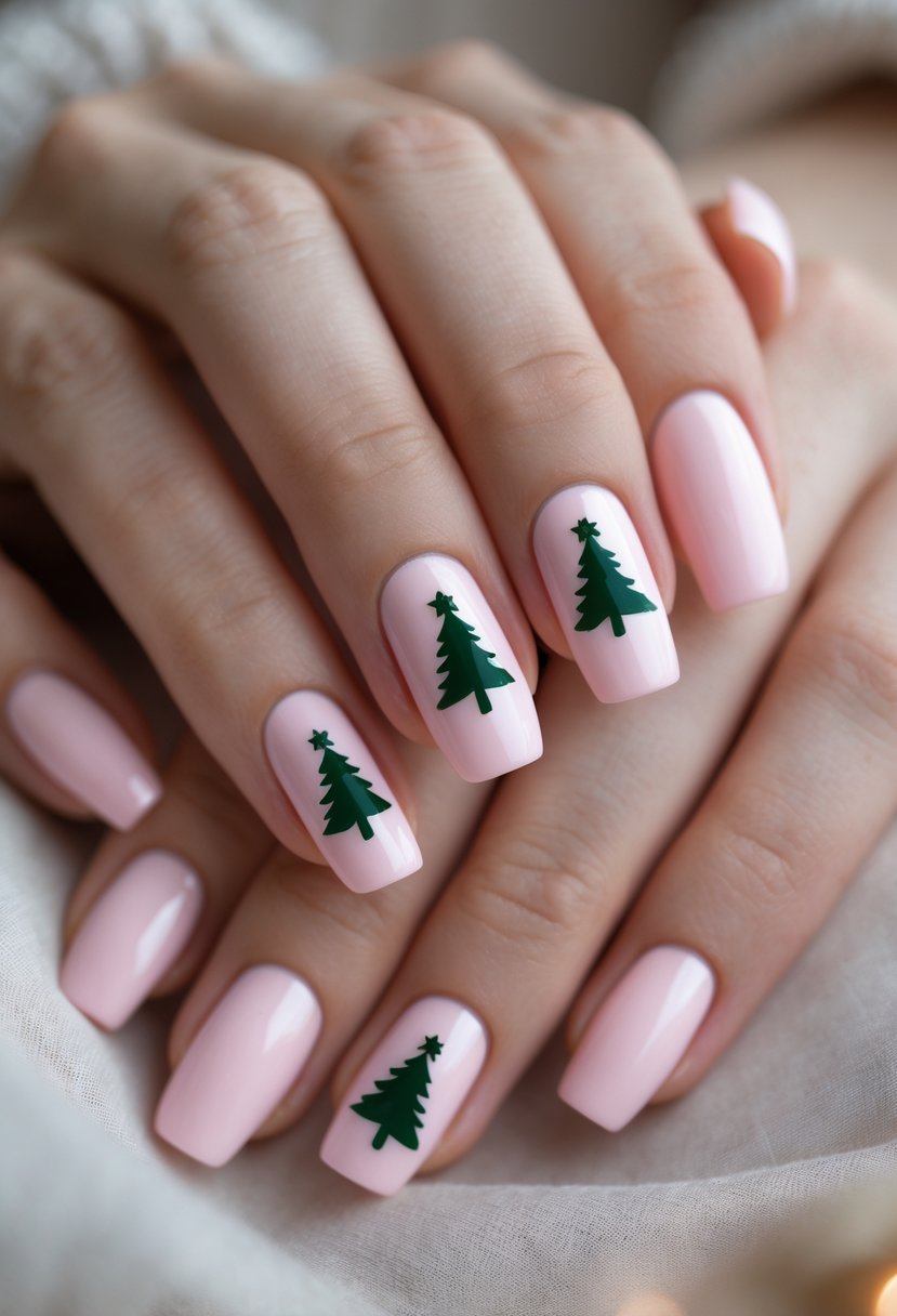 Close-up of hands with soft pink nails decorated with green Christmas tree designs.