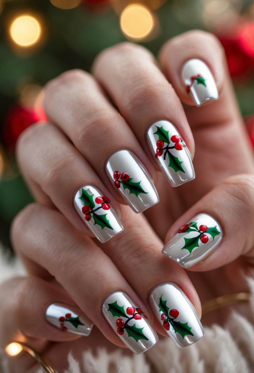 Close-up of hands with silver chrome nails decorated with red holly berry designs.