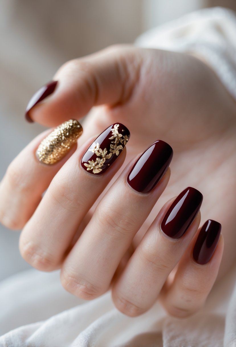 Close-up of a hand with glossy deep red nails and one gold accent nail.