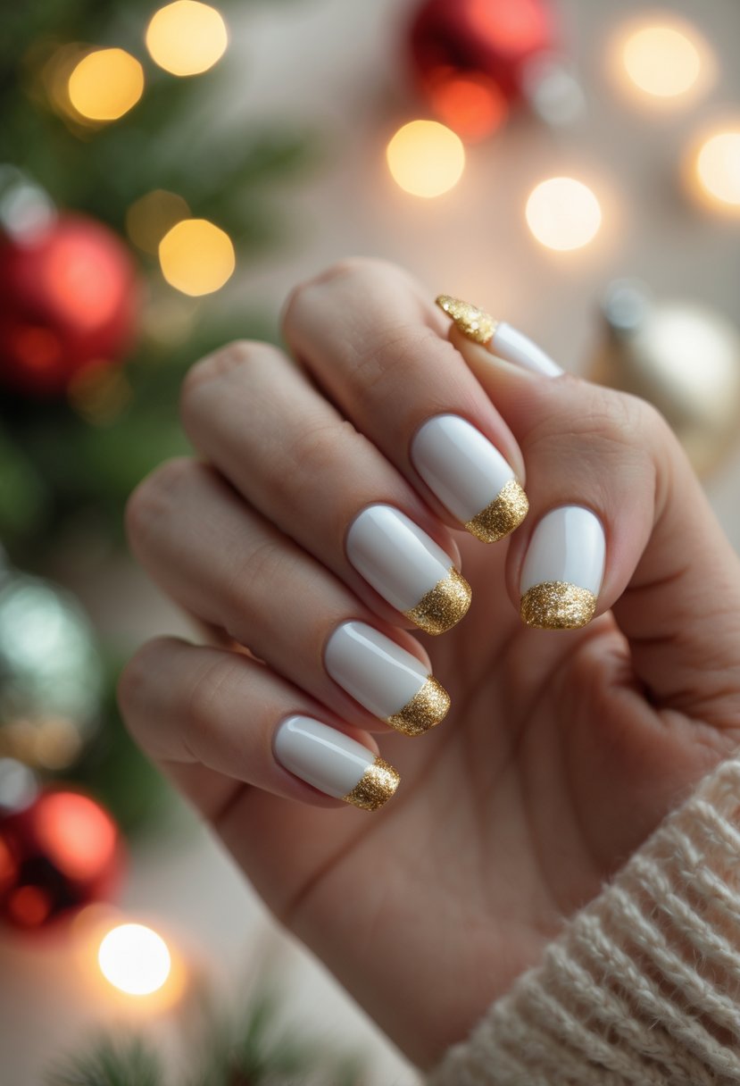 Close-up of a hand with white nails and glittery gold tips against a softly blurred festive background.