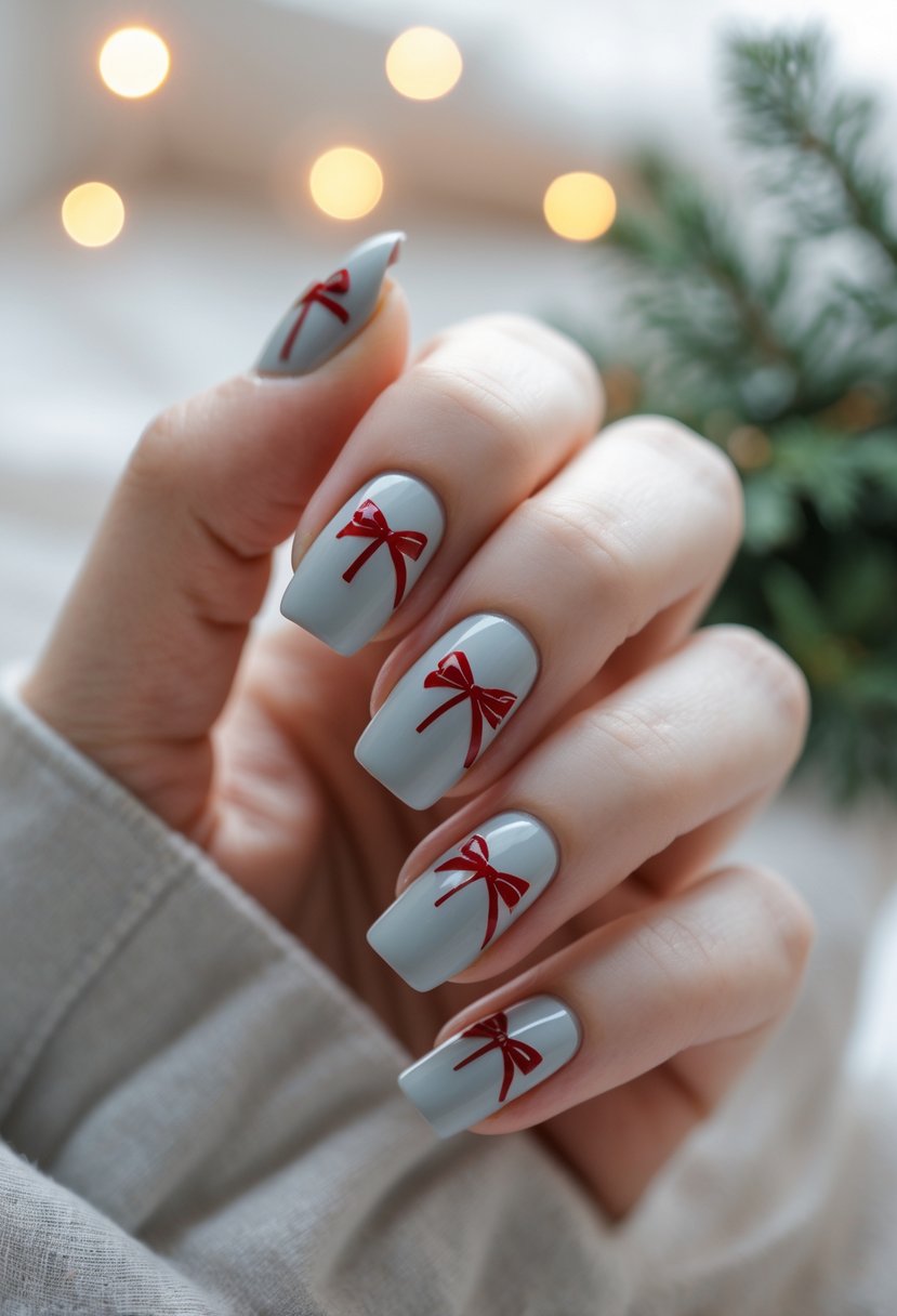 A close-up of a hand with light gray nails decorated with small red bow designs.