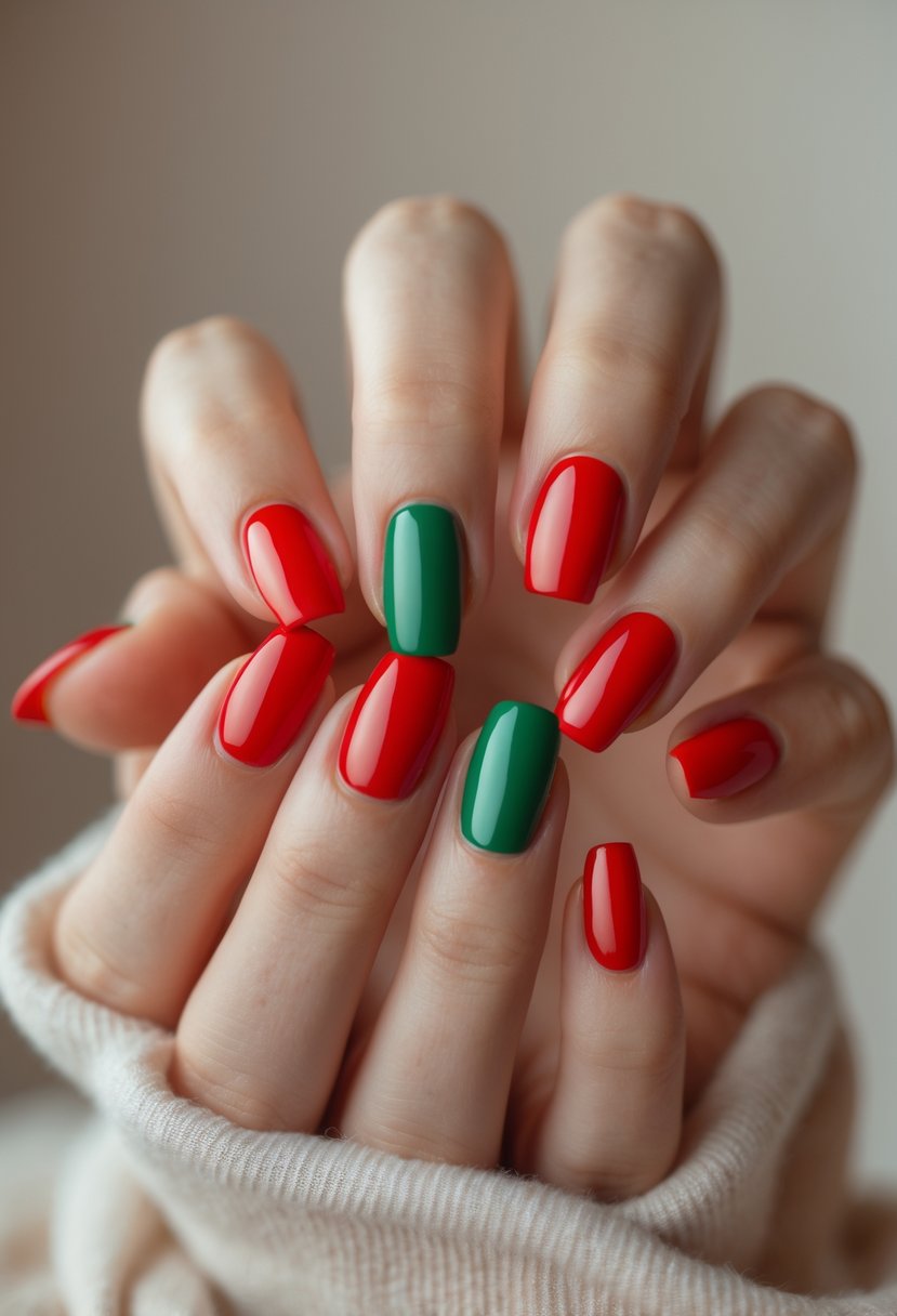 Close-up of hands with neatly manicured nails featuring red and green tips.