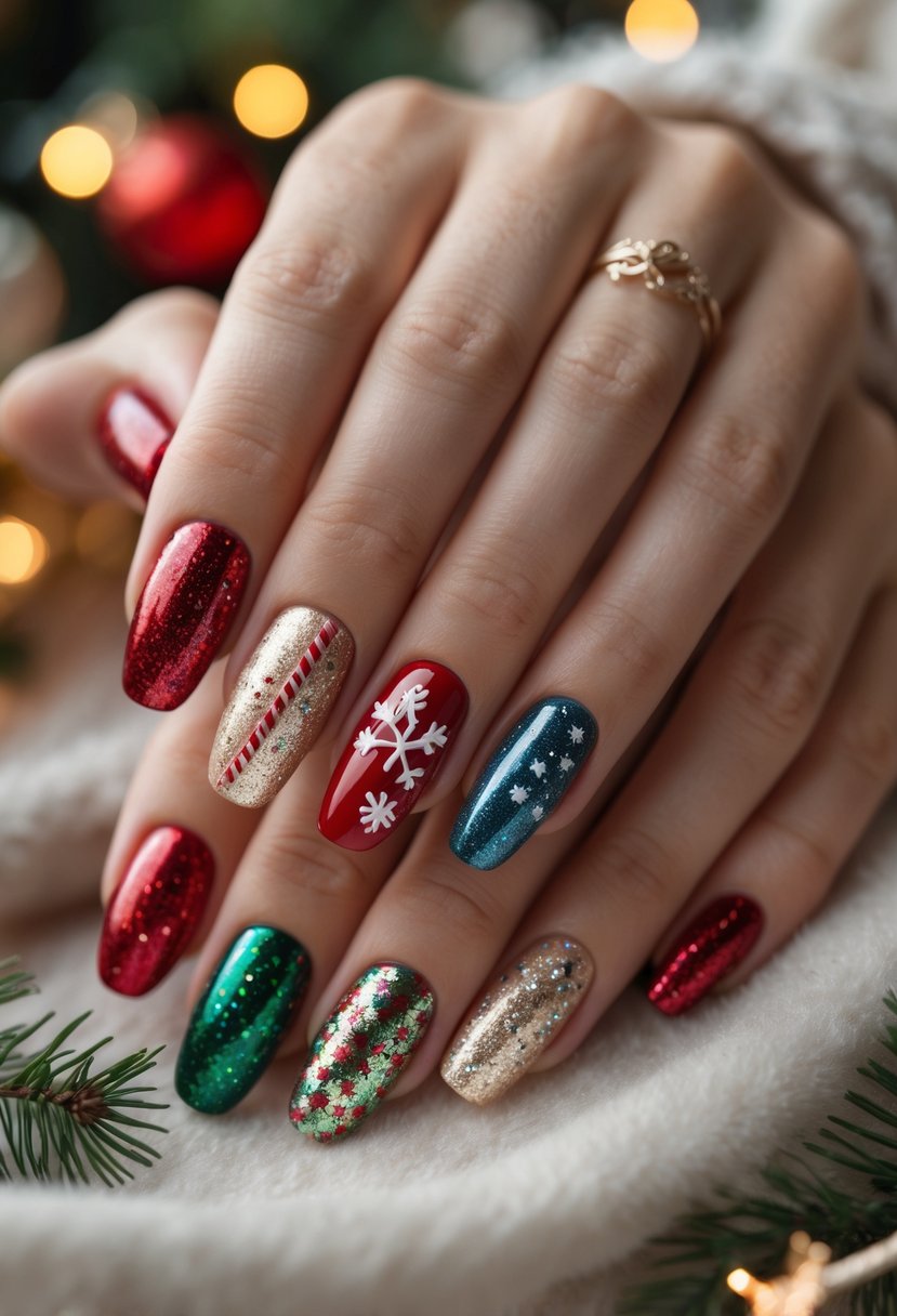Close-up of hands showing 25 different Christmas-themed nail colors and designs with festive decorations in the background.