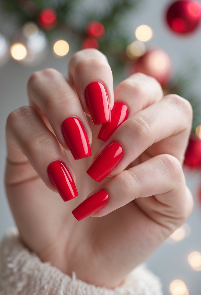 Close-up of hands with bright red glossy nail polish against a soft background with subtle holiday decorations.