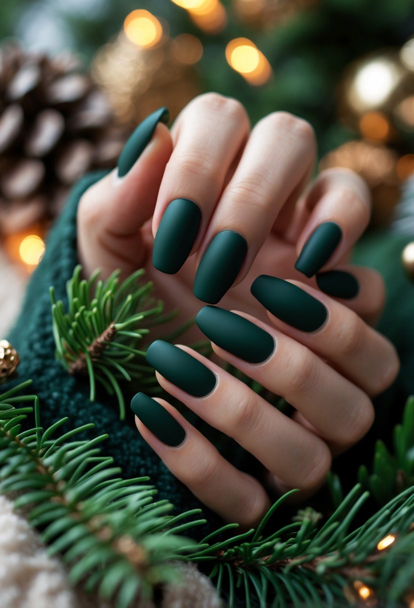 Close-up of hands with deep forest green matte nail polish holding pine branches and pine cones with soft holiday lights in the background.