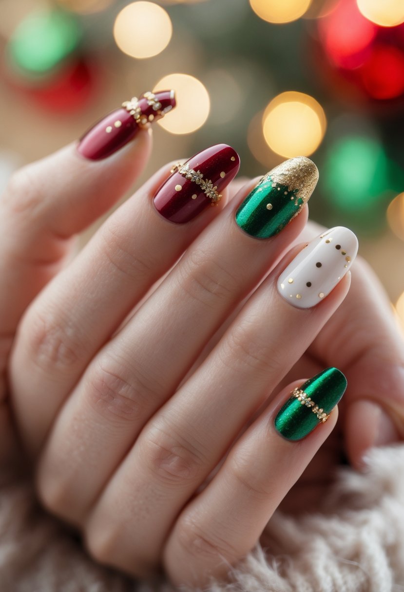 Close-up of hands with festive gold and colorful Christmas-themed manicured nails.