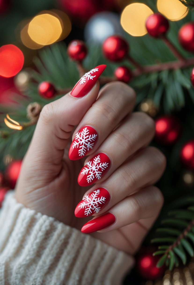 A close-up of a hand with red nails decorated with white snowflake designs holding a pine sprig with red berries.