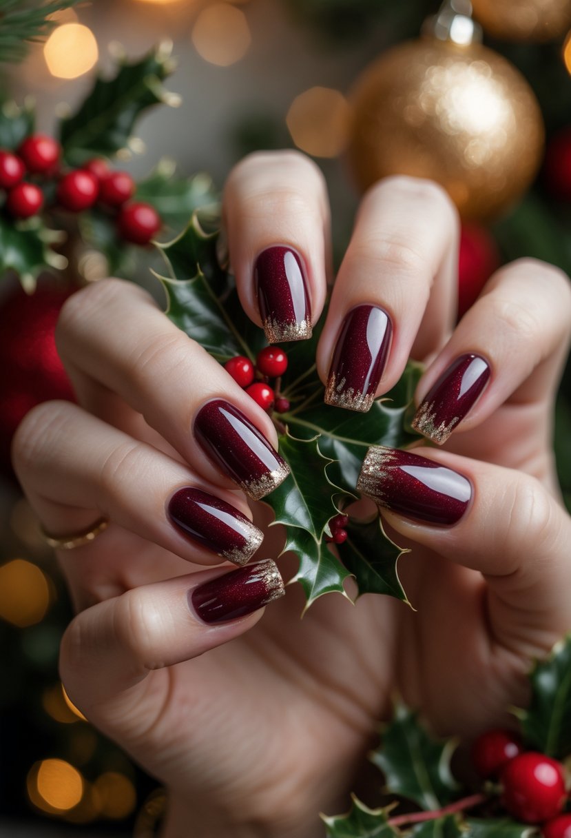 Close-up of hands with dark burgundy nails featuring glittery tips holding a Christmas ornament.