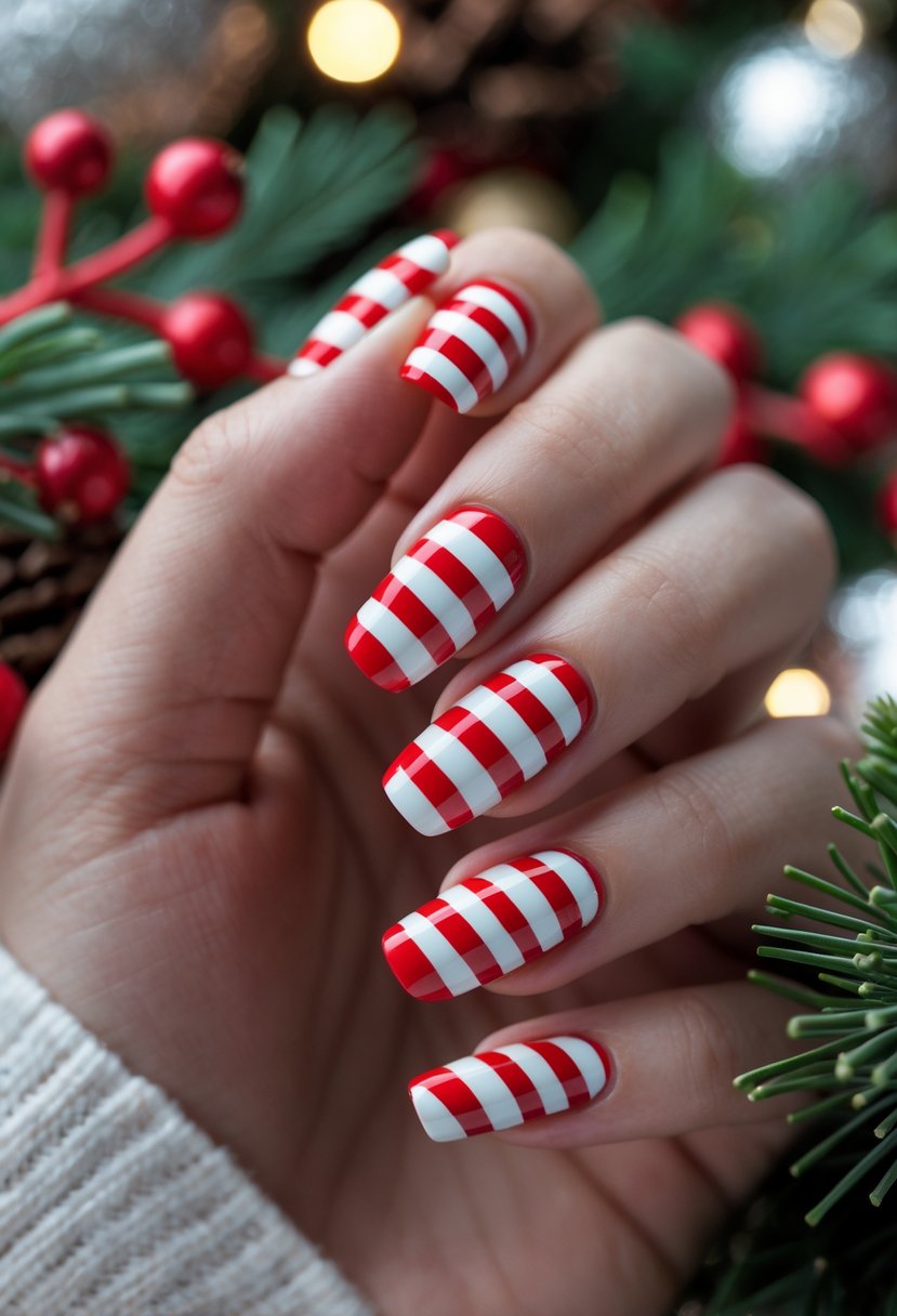Close-up of a hand with red and white striped nails holding Christmas decorations.