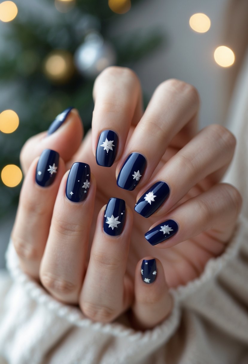 Close-up of hands with navy blue nails decorated with silver stars, set against a soft festive background.