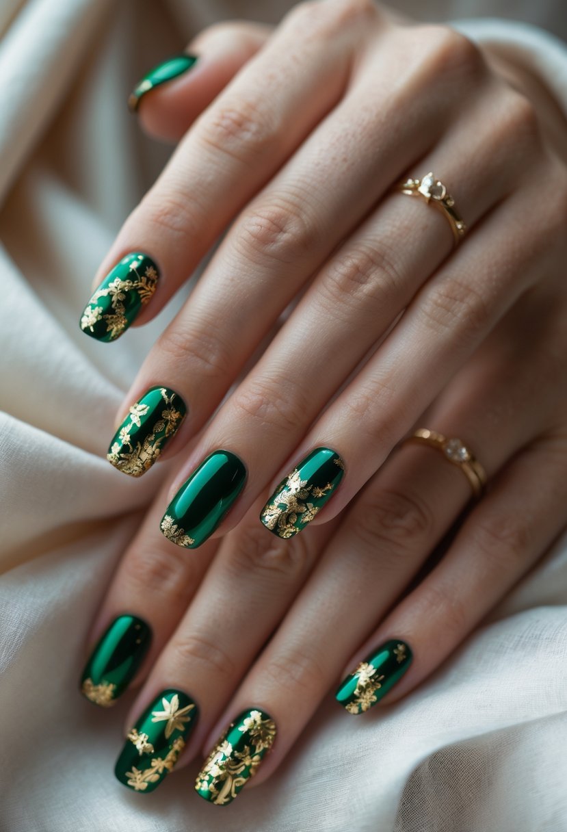 Close-up of hands with emerald green and gold foil Christmas-themed nail designs.