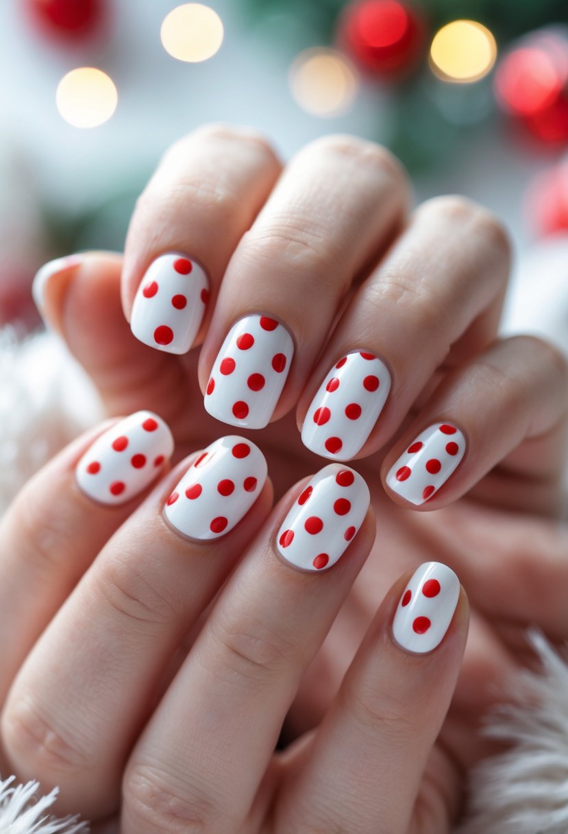 Close-up of hands with white nails decorated with red polka dots against a soft festive background.