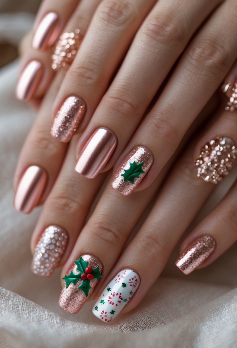 Close-up of hands with 25 rose gold metallic Christmas-themed nail designs featuring festive patterns like snowflakes, stars, and holly leaves.