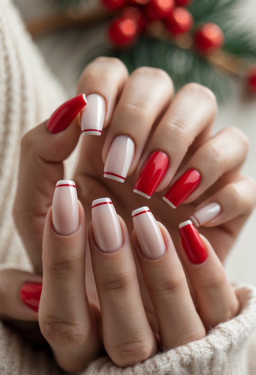 Close-up of hands with classic French tip nails and red accent details against a soft holiday background.