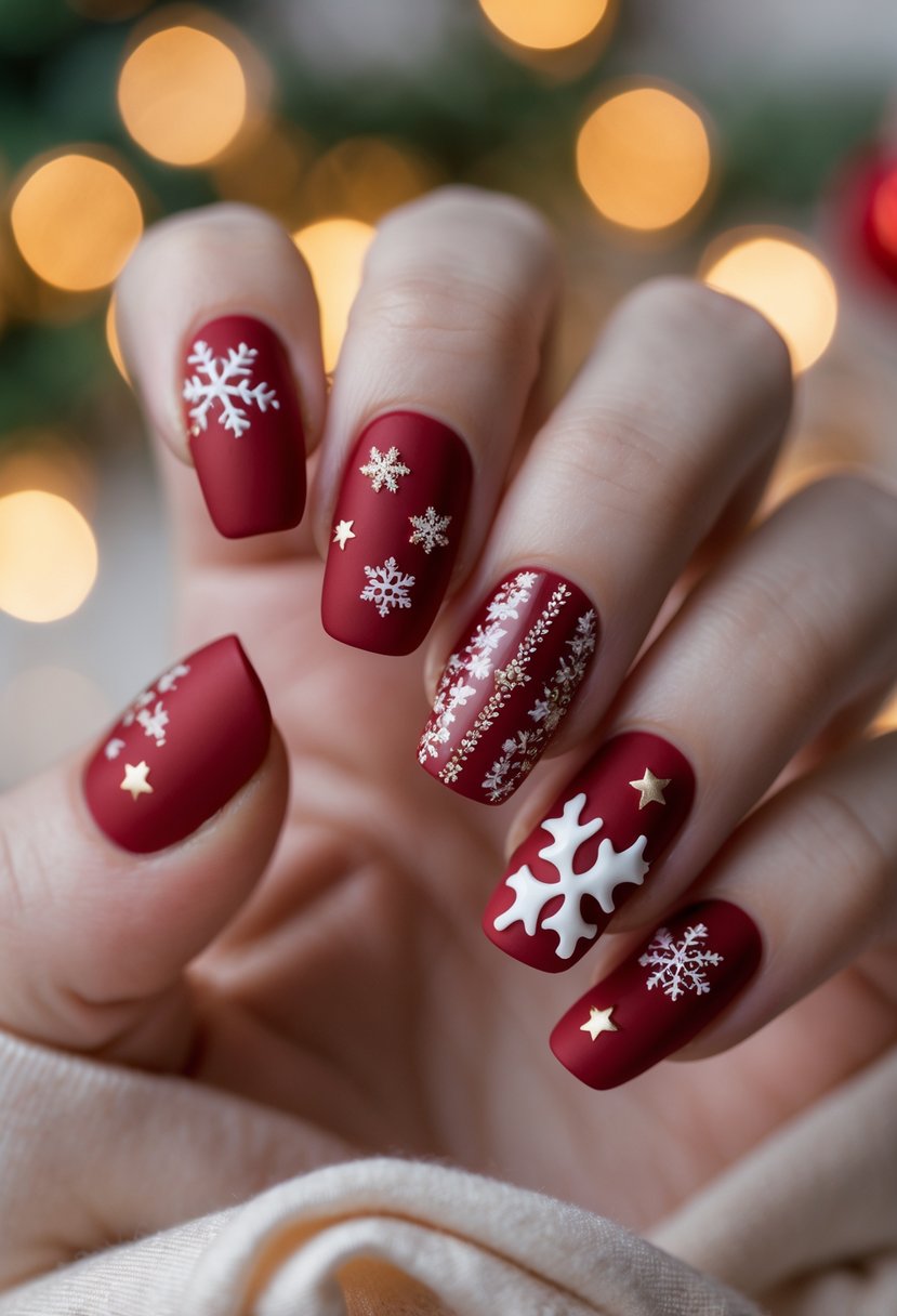 Close-up of a hand with red nails featuring glossy holiday patterns like snowflakes and holly leaves.