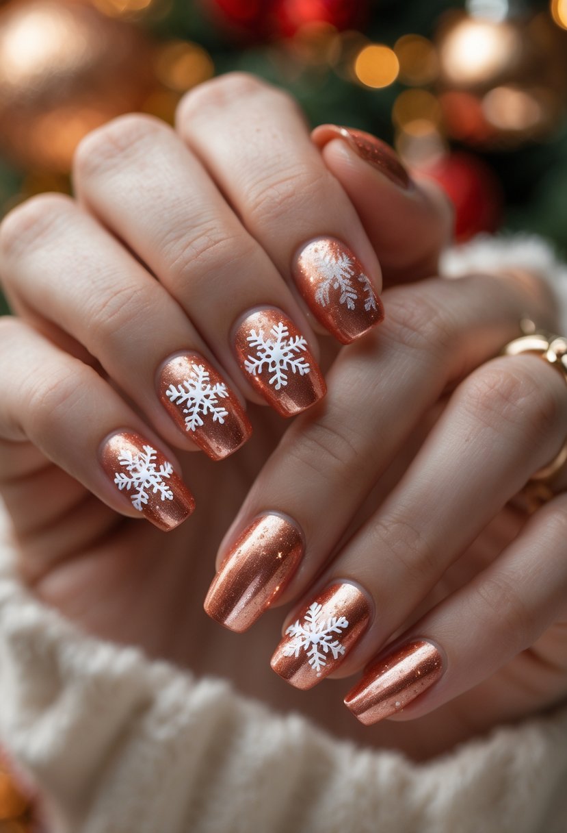 Close-up of hands with shiny copper-colored nails decorated with white snowflake designs.