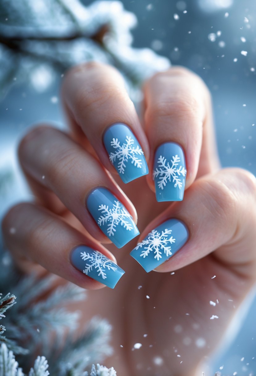 Close-up of hands with icy blue nails decorated with white snowflake designs.