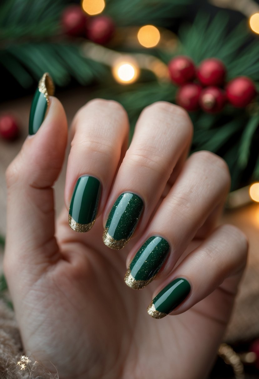 Close-up of a hand with pine green nails and glittery French tips against a festive background with pine branches and holiday lights.
