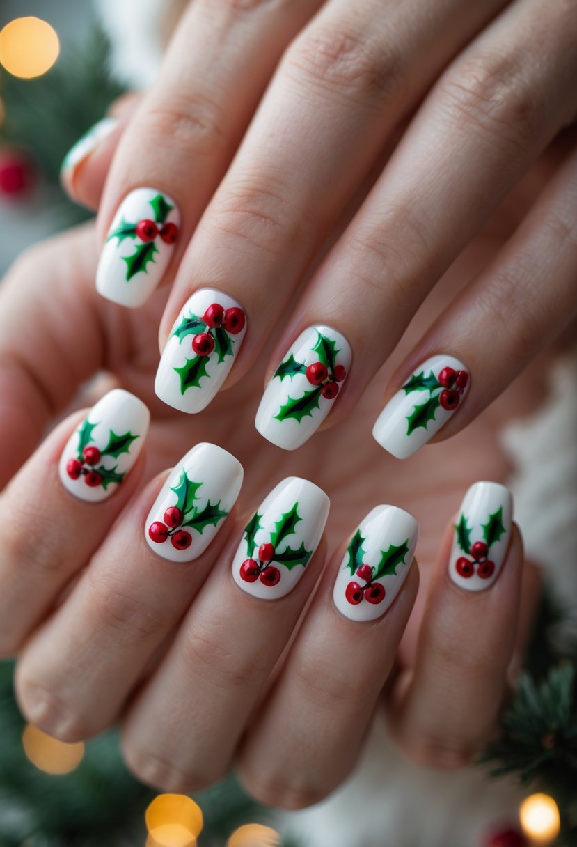Close-up of hands with white nails decorated with red holly berries and green leaves.