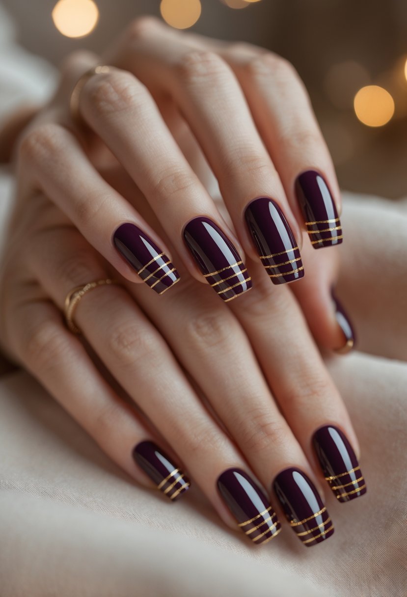 Close-up of hands with deep plum colored nails featuring thin gold stripes, posed to display festive nail art.