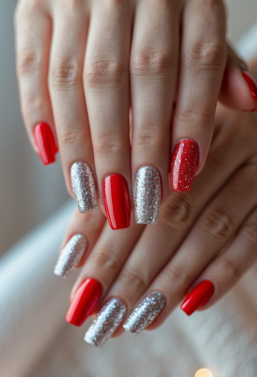 Close-up of hands with bright red nails fading into silver glitter tips.