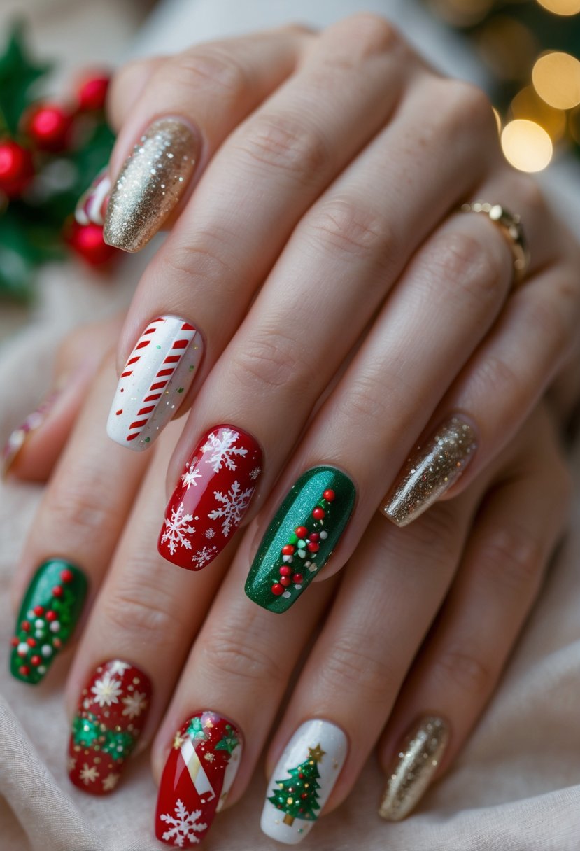 Close-up of hands with acrylic nails decorated in various Christmas-themed designs including snowflakes, candy canes, and Christmas trees.