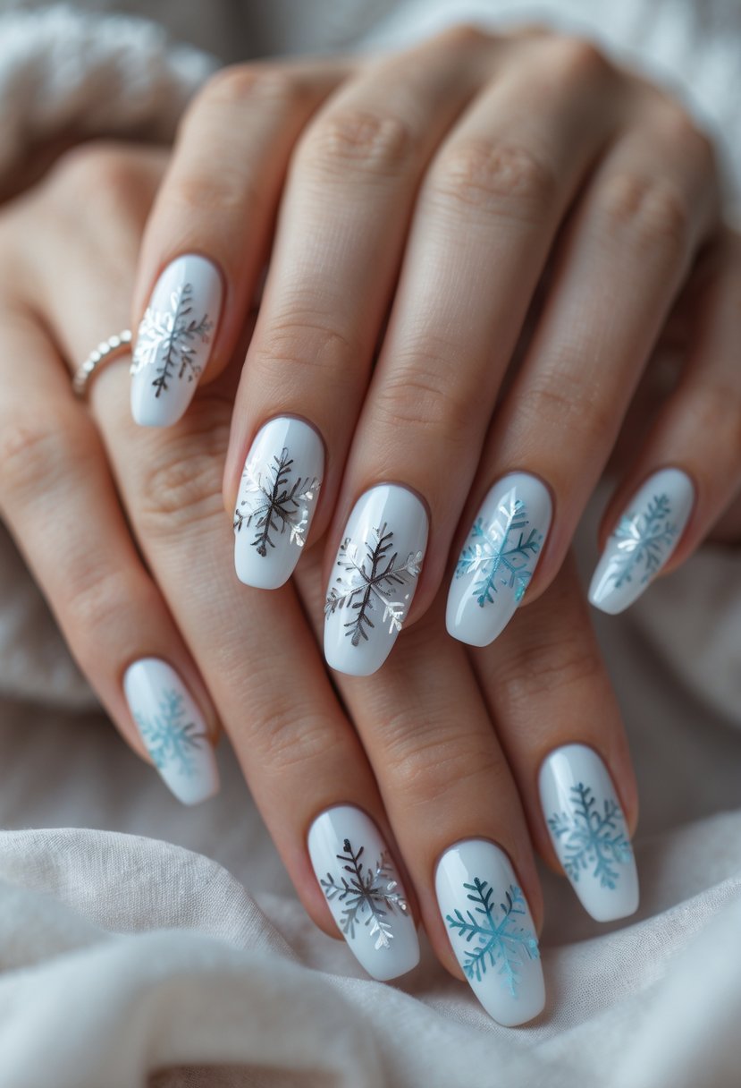 Close-up of hands with white acrylic nails decorated with snowflake designs.