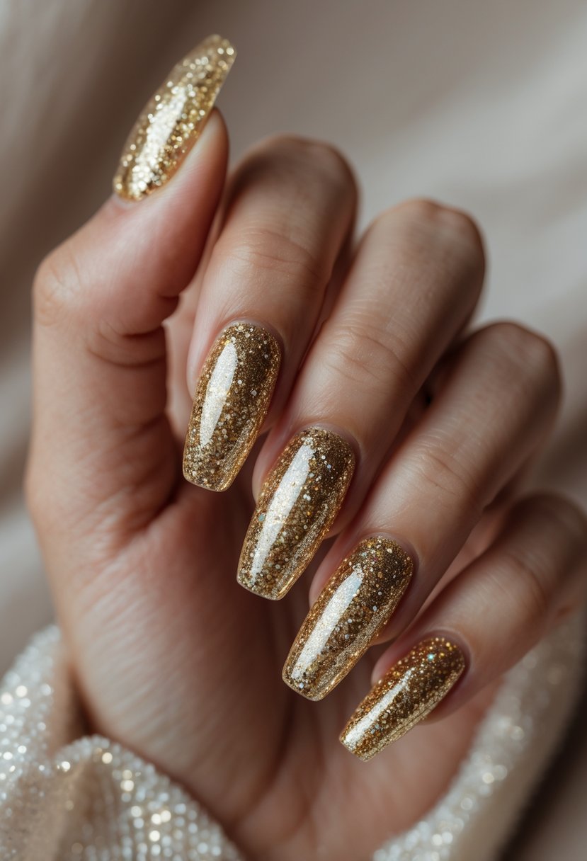 Close-up of a hand with glittery gold acrylic nails inspired by Christmas.