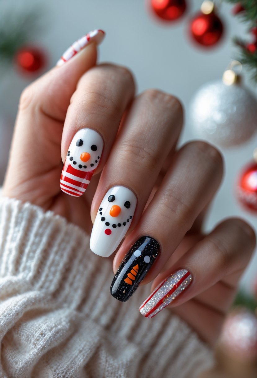 Close-up of a hand with Christmas-themed acrylic nails featuring snowman faces and festive designs.