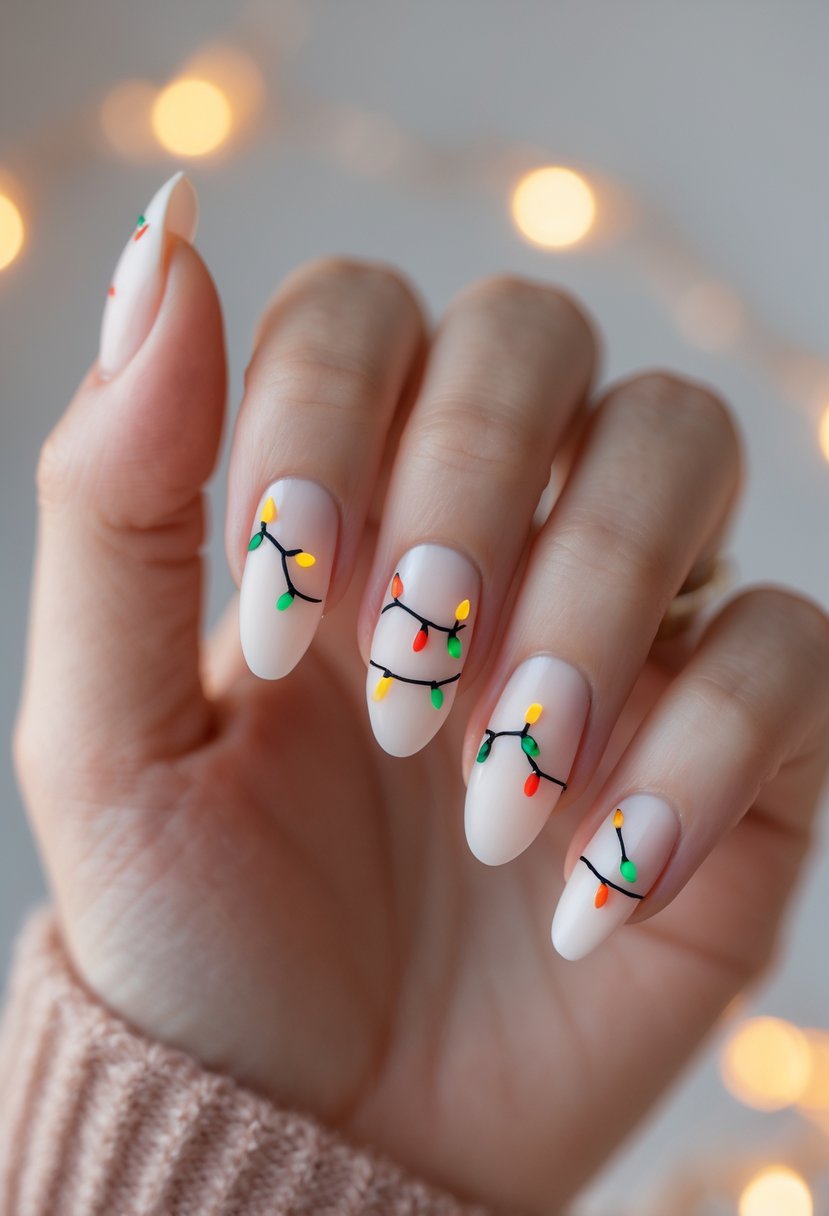 Close-up of a hand with acrylic nails decorated with minimalist Christmas lights designs.