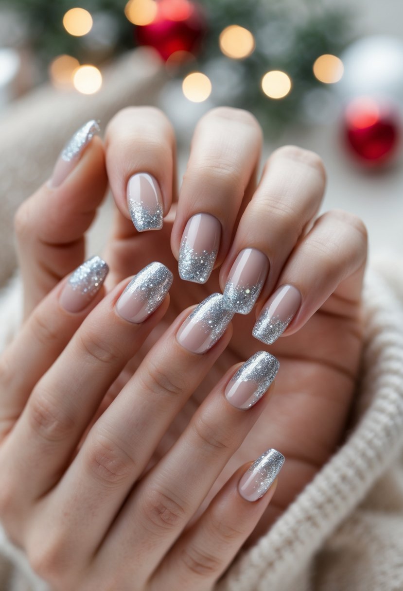Close-up of hands with silver glitter ombre acrylic nails against a soft background with festive lights.
