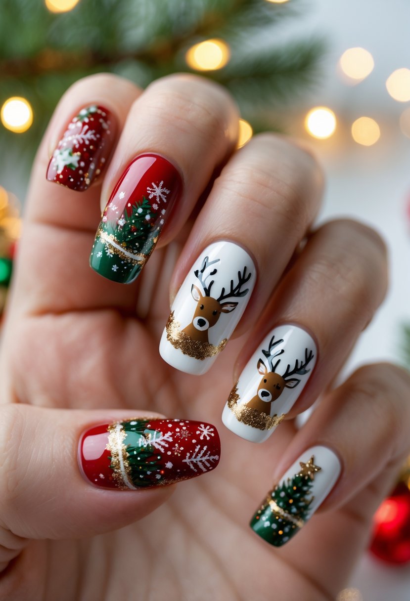 Close-up of acrylic nails decorated with Christmas reindeer decals and festive colors.