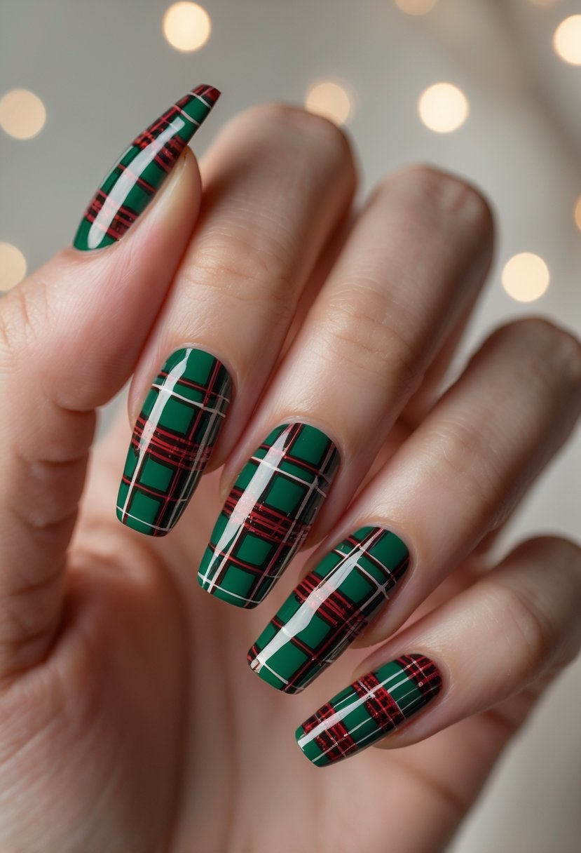 Close-up of a hand with green and red plaid acrylic nails against a neutral background.