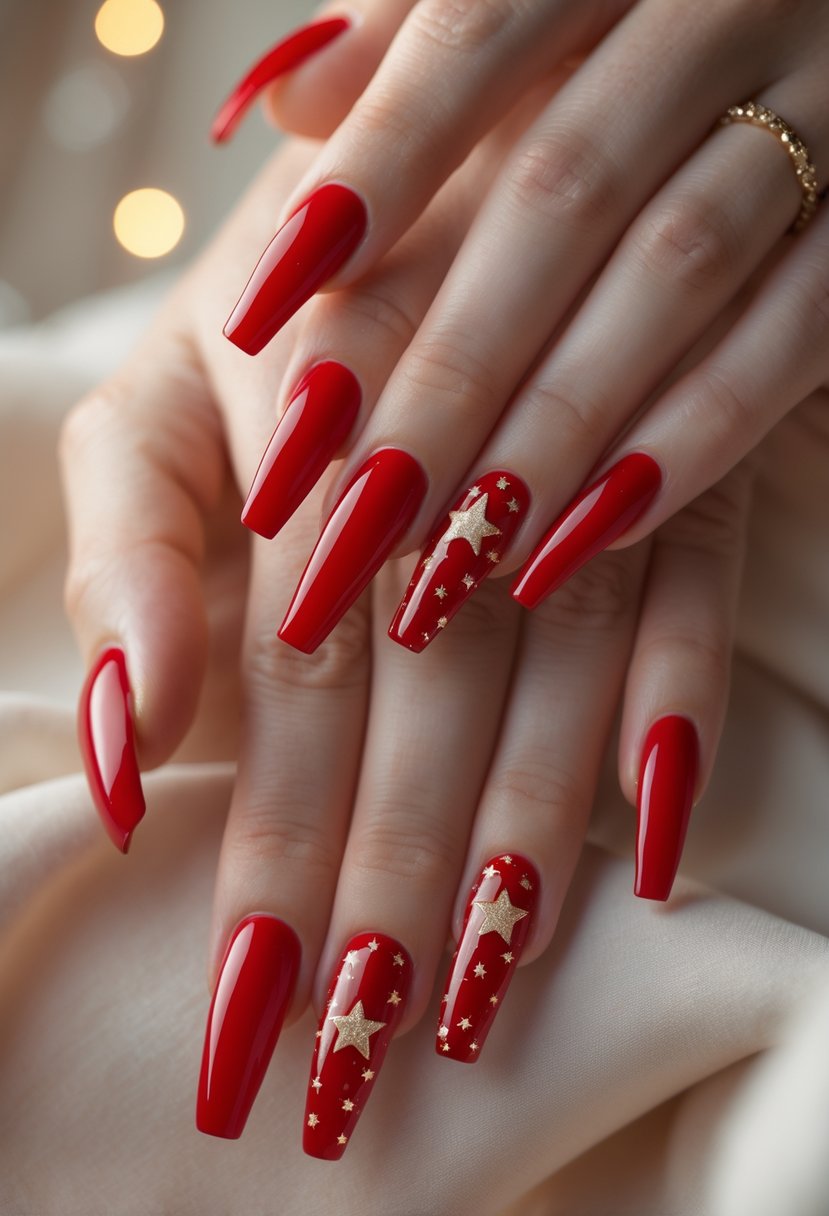 Close-up of hands with long red acrylic nails decorated with gold star accents.