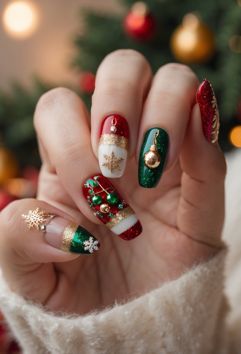 A close-up of a hand with acrylic nails decorated with colorful Christmas baubles and festive patterns.