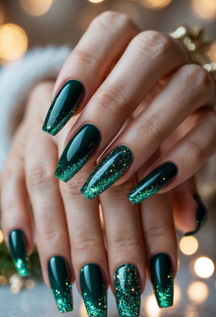 Close-up of hands displaying dark green acrylic nails with glittery tips.