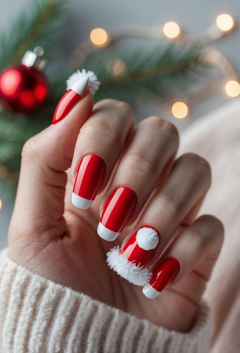 Close-up of a hand with acrylic nails painted red and white, featuring a Santa hat design on one nail.