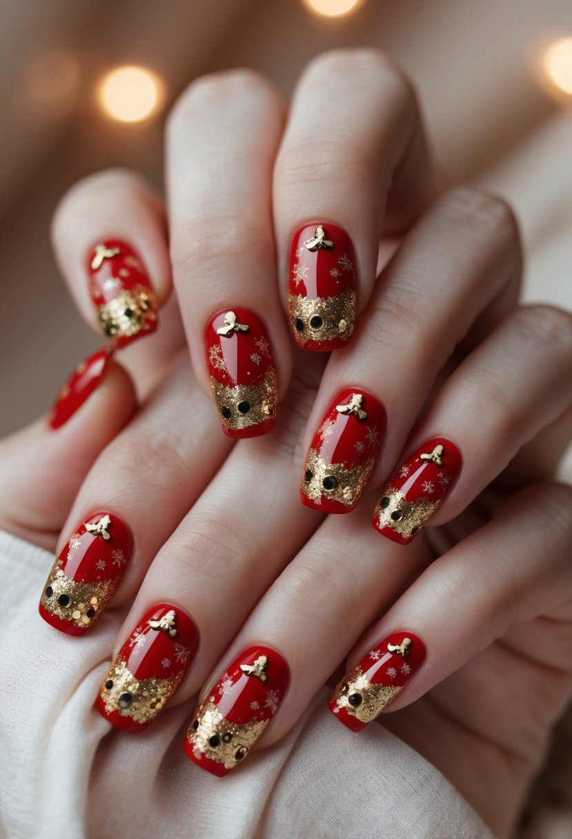 Close-up of hands with red and gold Christmas-themed acrylic nails featuring jingle bell designs.